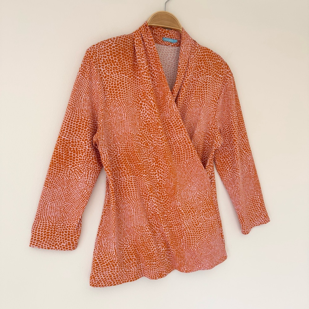 J. McLaughlin Catalina Cloth Vibrant Orange Patterned Faux Wrap Blouse Top Sz M - Picture 2 of 12